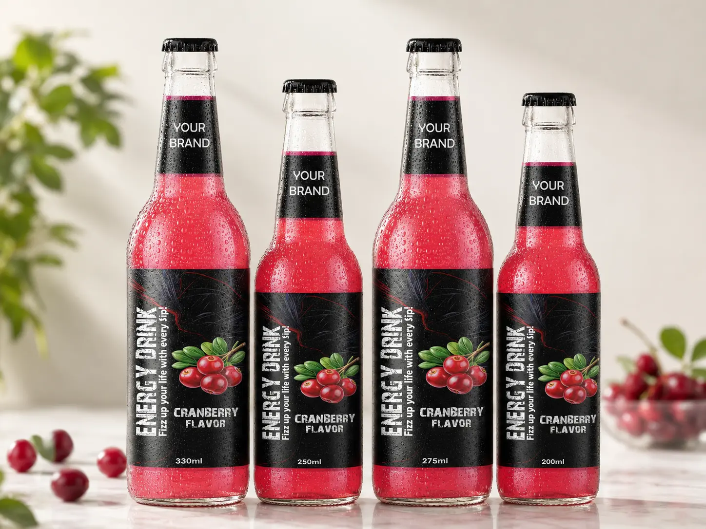 ENERGY DRINK Cranberry flavor bottles in 330ml, 250ml, 275ml, and 200ml glass bottles.